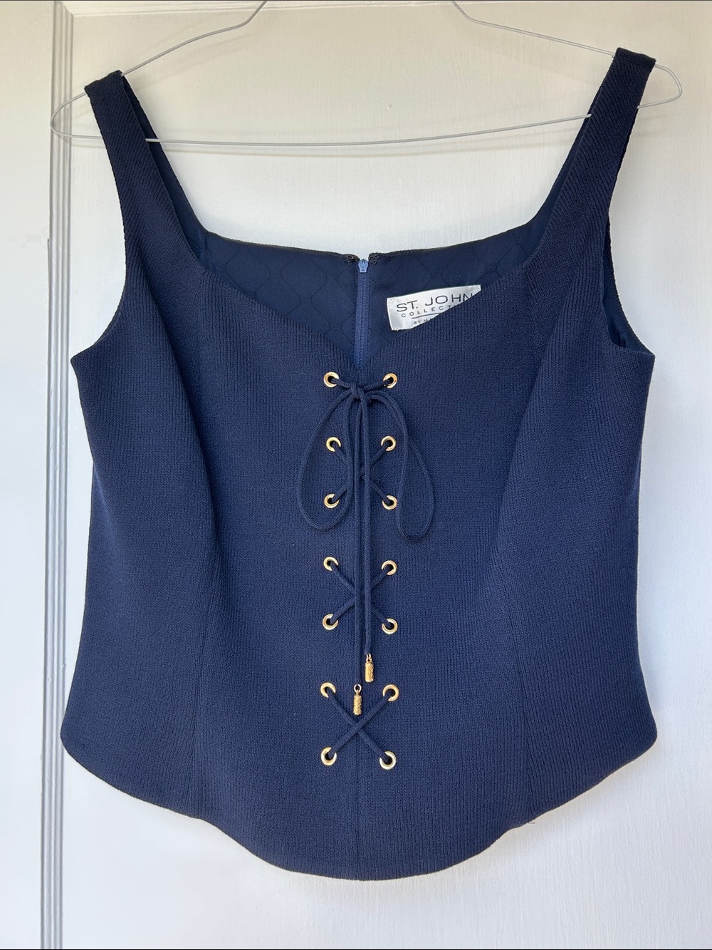 NWT St. John Navy Lace-Up Knit Camisole with Gold Eyelets Size 10
